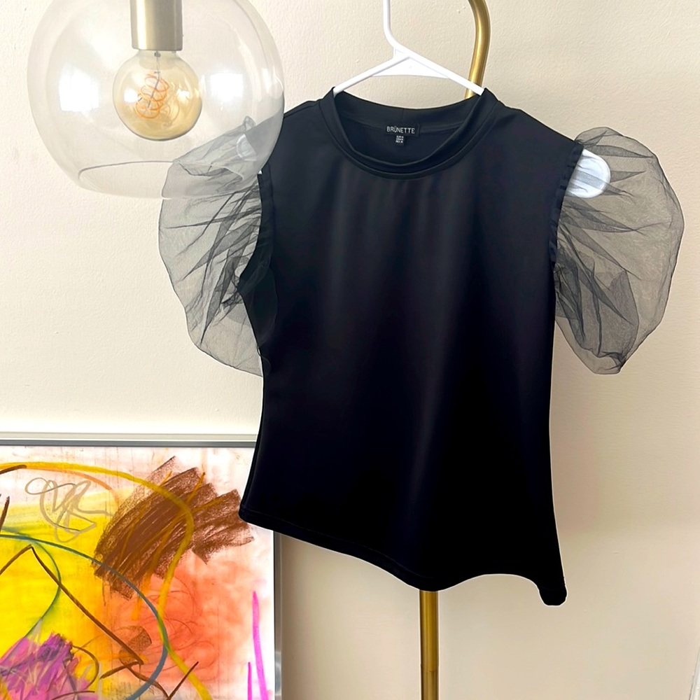Black high neck top with mesh puff shoulders